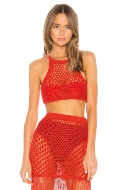 Camila Coelho TOP CROPPED MAILLE CROCHET IPANEMA Coral Red