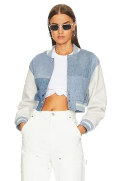 Cropped Varsity Jacket Light Wash & White