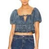 Ganni Denim Puff Sleeve Top Tint Wash