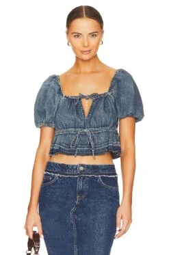 Ganni Denim Puff Sleeve Top Tint Wash