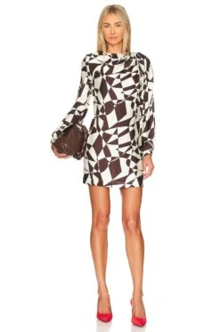 Maja Mini Dress Brown & Ivory Geo